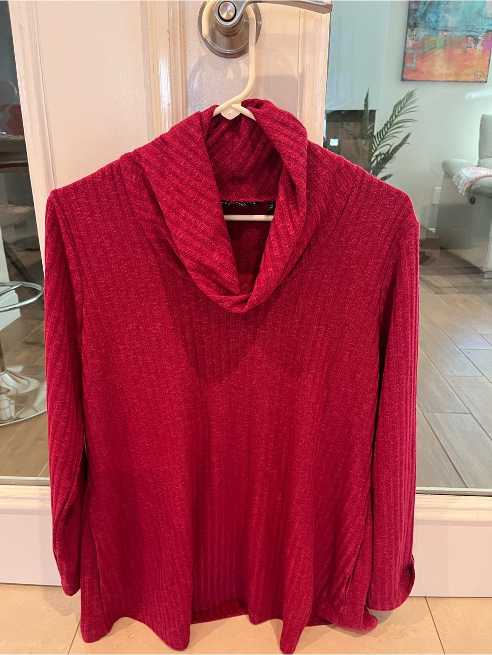 Susan Graver Raspberry Ribbed Cowl Neck Sweater